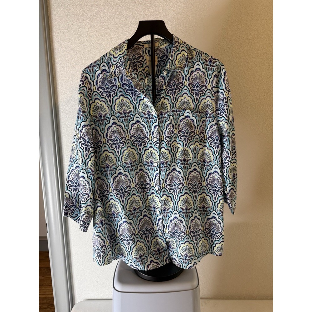 Chicos No Iron 100% Linen Shirt Blue Multicolor 3/4 Sleeve Size 2